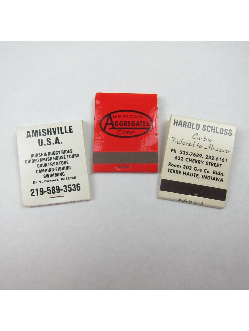 3 Matchbooks Indiana Amishville USA, American Aggregates Corp, Harold Schloss